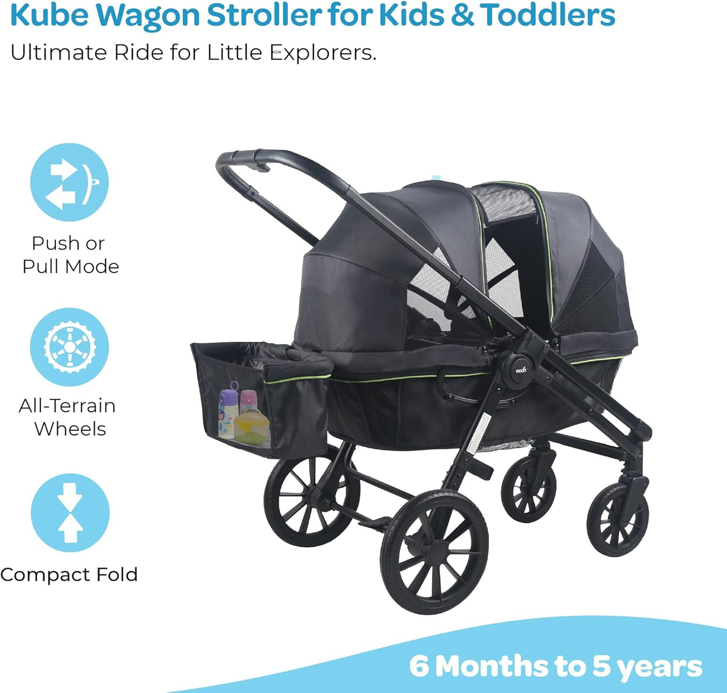 The Moon Brand Kube Wagon Stroller for Kids & Toddlers, Push & Pull Convertible Wagon All-Terrain Wheels, UPF 50+ Canopy, BPA-Free Snack Tray, Compact Fold, Storage, 6M–4Y, 24kgs/Seat-Black