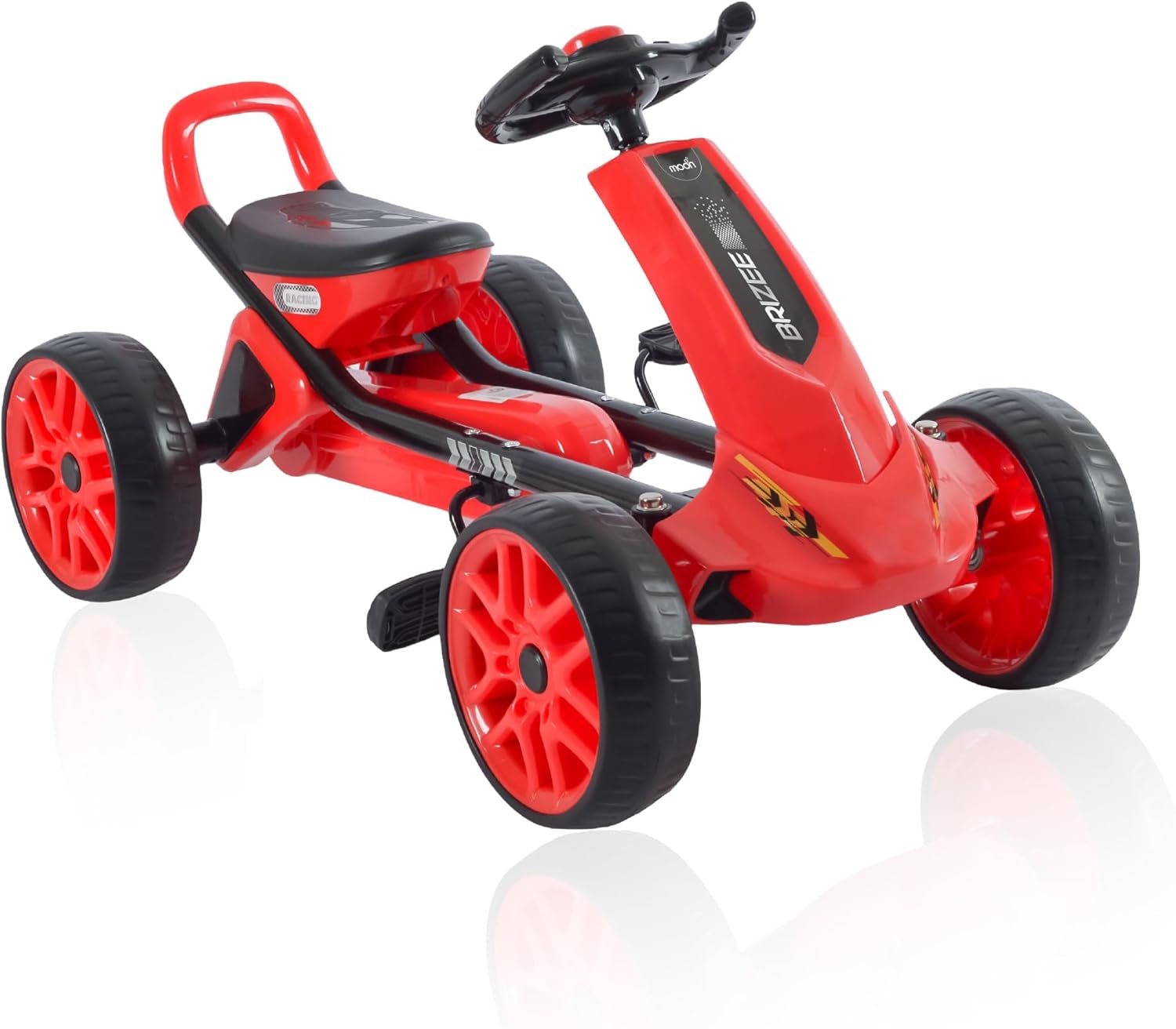 The Moon Brand Brizee Go Kart.Suitable For 3 To 8 Years. Holds Upto 30 Kgs. Adjustable And Comfortable Seat.4 Sturdy Wheels.Cart.Utmost Comfort And Safety- Red and black