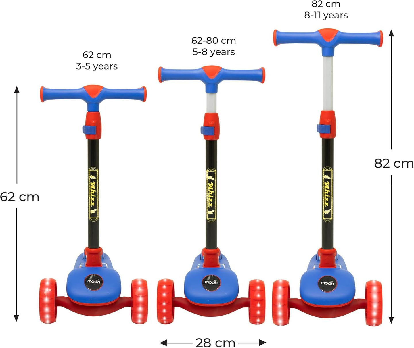 The MOON Brand Whizz Foldable 3-Wheel Kids Scooter– Adjustable Handlebar Lean-to-Steer LED Light-Up Wheels Toddler Scooter for Boys & Girls for Ages 3 Years+ -Dinosaur Design -Red