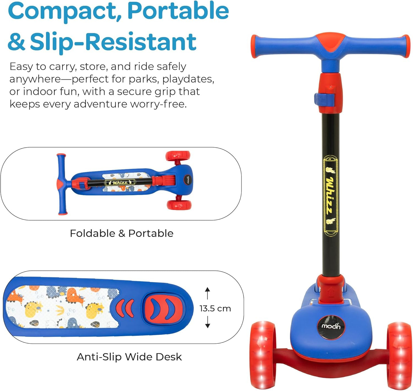 The MOON Brand Whizz Foldable 3-Wheel Kids Scooter– Adjustable Handlebar Lean-to-Steer LED Light-Up Wheels Toddler Scooter for Boys & Girls for Ages 3 Years+ -Dinosaur Design -Red