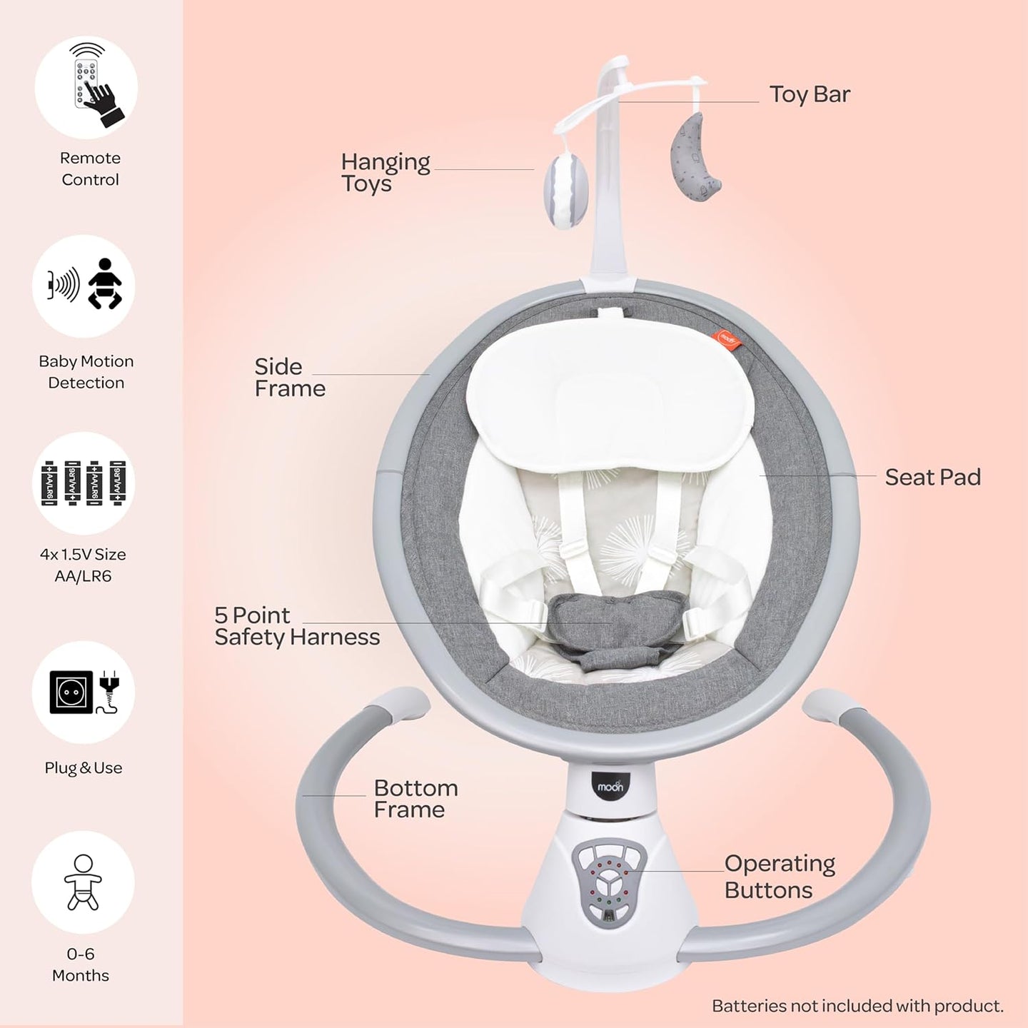 The Moon Brand Baby Swing. 0 - 6m ,Holds upto 9kg. Gentle Swaying Motion. In Built Music System. Flexible Speed and Timer Settings. With Remote Control. Motion Sensor. 5 Point Harness - Grey