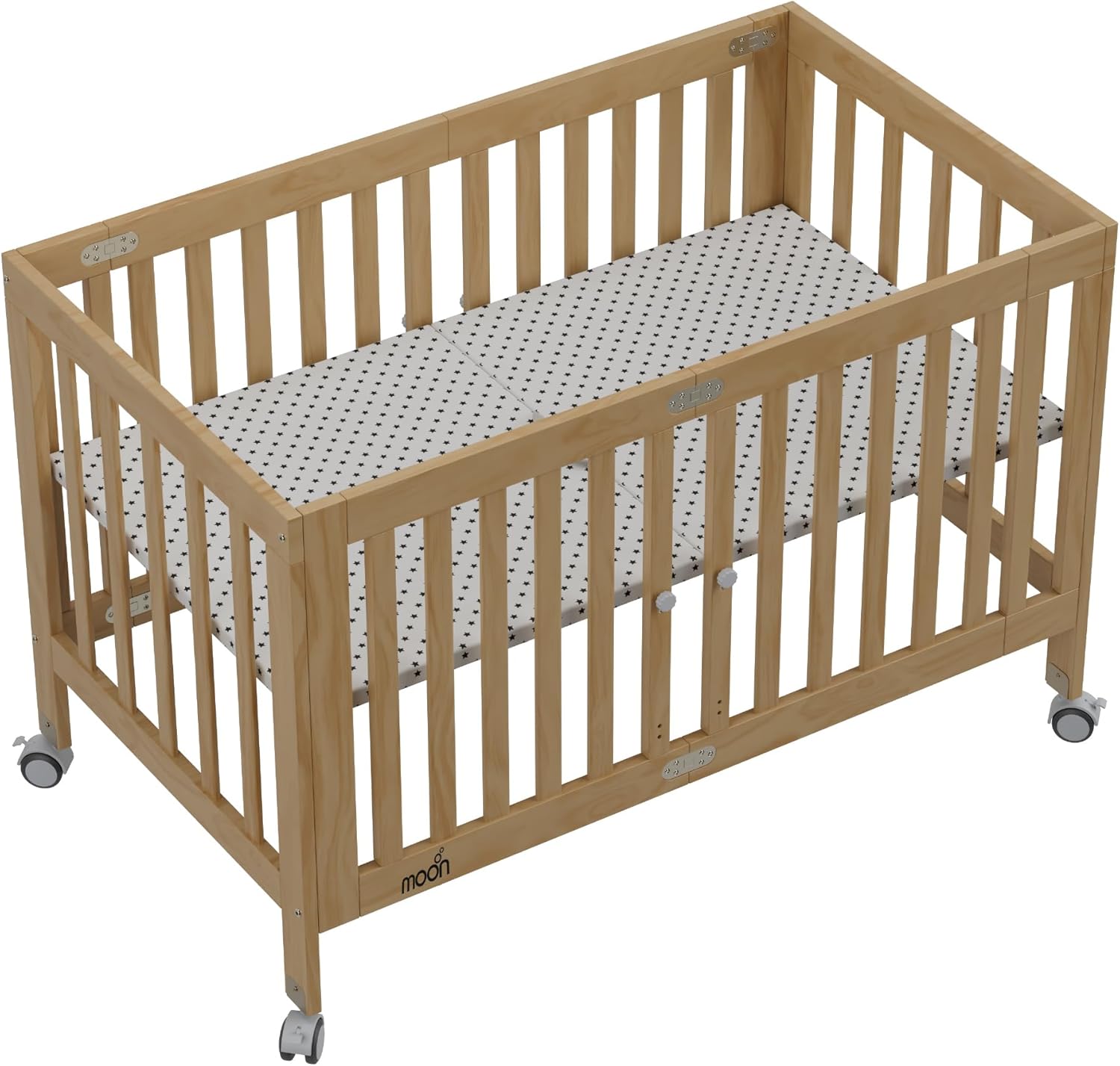 The MOON Brand Snugfold Foldable Baby Crib | 2-Level Height Adjustable | New Zealand Pine Wood | Durable & Decay-Resistant | Up to 50 kg | 0–3 Years | Natural Wood Finish-Natural Wood - The Moon Brand™