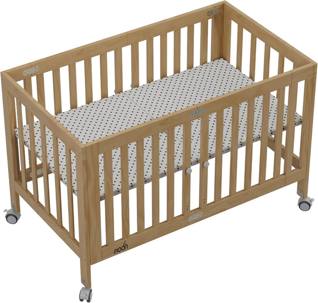 The MOON Brand Snugfold Foldable Baby Crib | 2-Level Height Adjustable | New Zealand Pine Wood | Durable & Decay-Resistant | Up to 50 kg | 0–3 Years | Natural Wood Finish-Natural Wood - The Moon Brand™