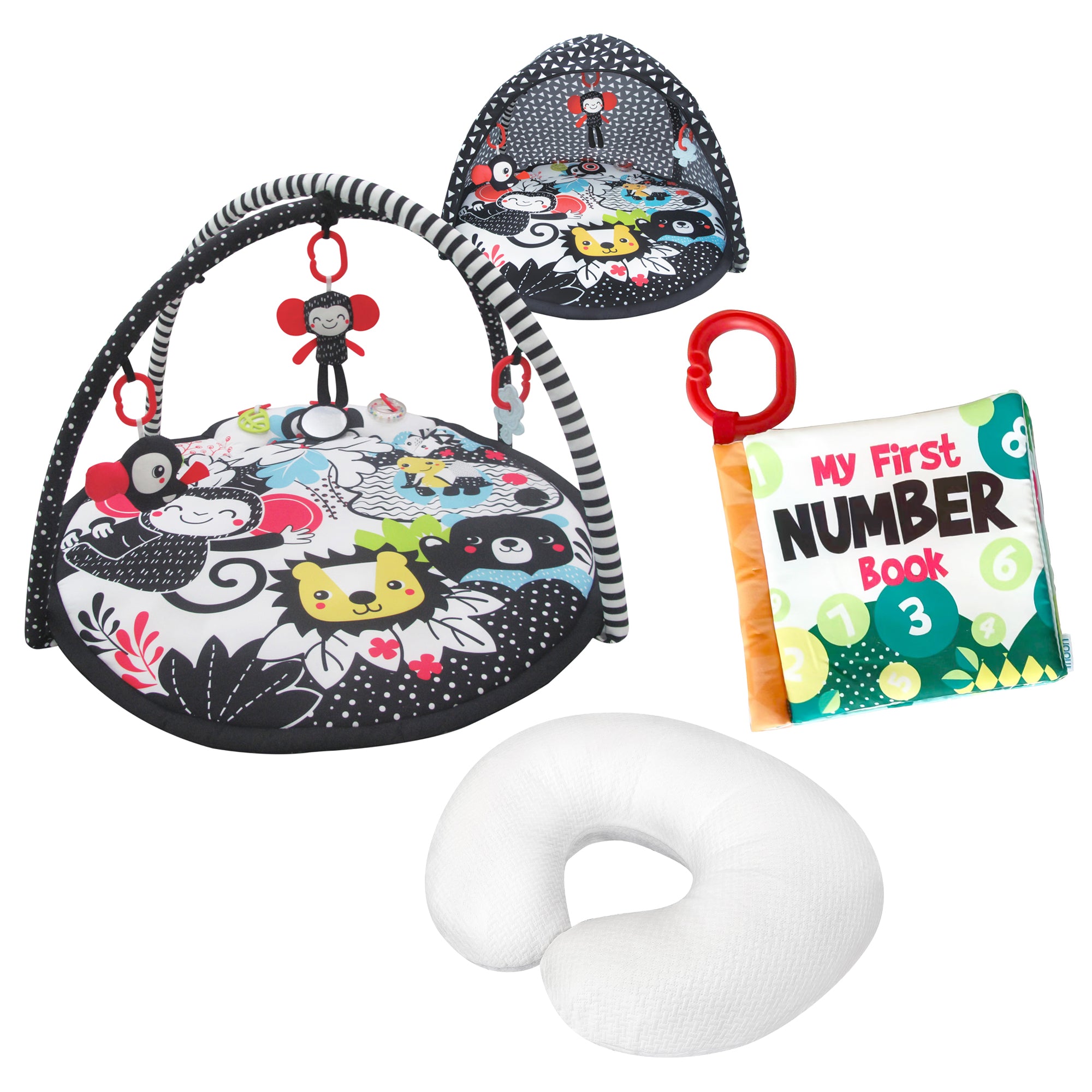 سجادة لعب MOON Chirpy - أصدقاء الغابة / وسادة الرضاعة العضوية MOON (أبيض، قماش عضوي) / كتاب MOON القماشي الناعم - أرقام