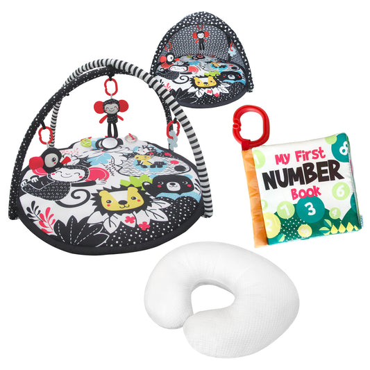 MOON Chirpy Playmat - Jungle Friends / MOON Organic Feeding Nursing Pillow (White, Organic Fabric) / MOON Soft Cloth Book - Numbers
