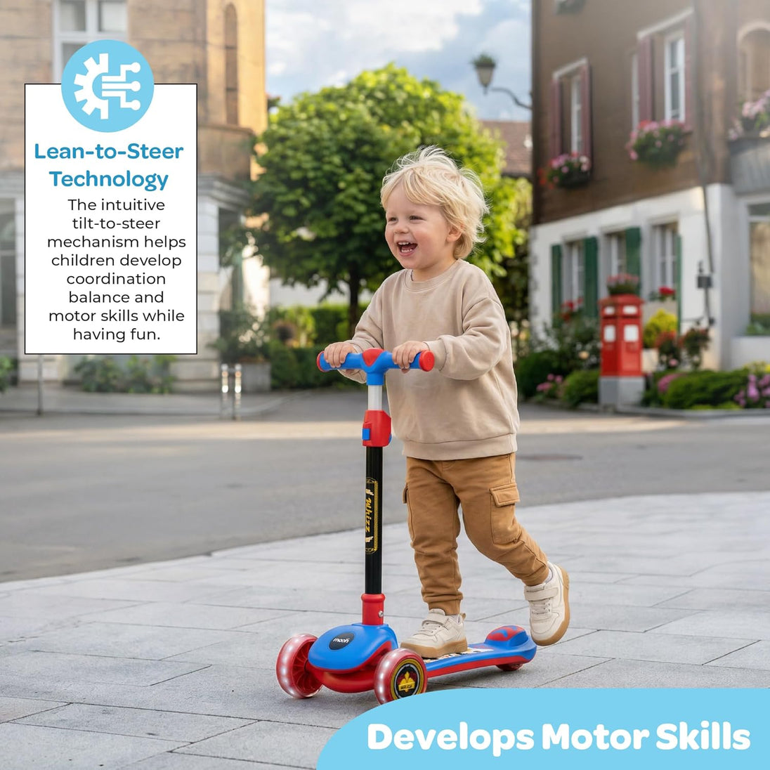 The MOON Brand Whizz Foldable 3-Wheel Kids Scooter– Adjustable Handlebar Lean-to-Steer LED Light-Up Wheels Toddler Scooter for Boys & Girls for Ages 3 Years+ -Dinosaur Design -Red