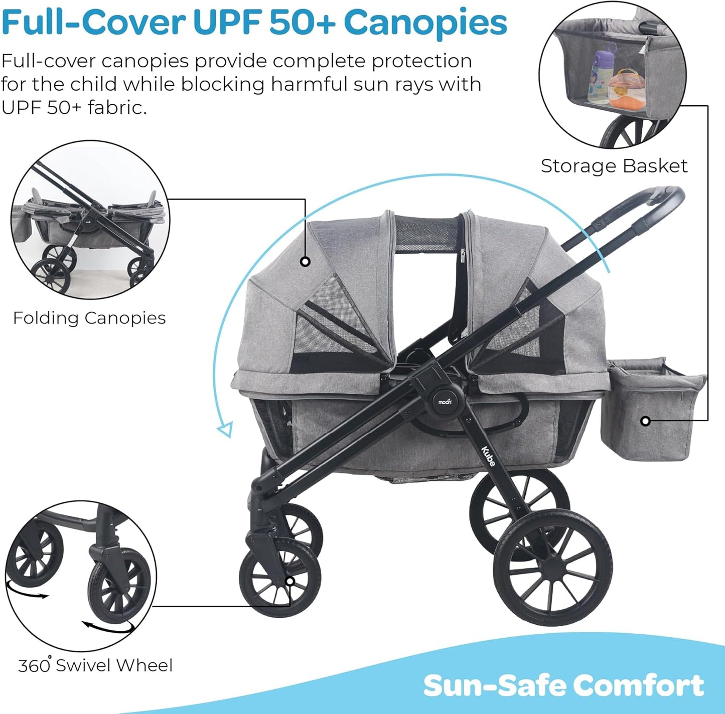 The Moon Brand Kube Wagon Stroller for Kids & Toddlers, Push & Pull Convertible Wagon All-Terrain Wheels, UPF 50+ Canopy, BPA-Free Snack Tray, Compact Fold, Storage, 6M–4Y, 24kgs/Seat-Black