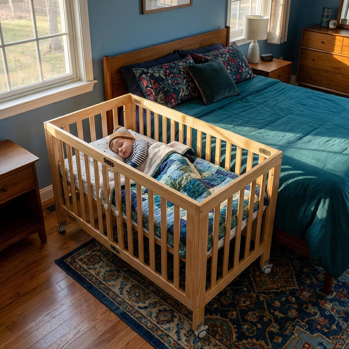 The MOON Brand Snugfold Foldable Baby Crib | 2-Level Height Adjustable | New Zealand Pine Wood | Durable & Decay-Resistant | Up to 50 kg | 0–3 Years | Natural Wood Finish-Natural Wood - The Moon Brand™