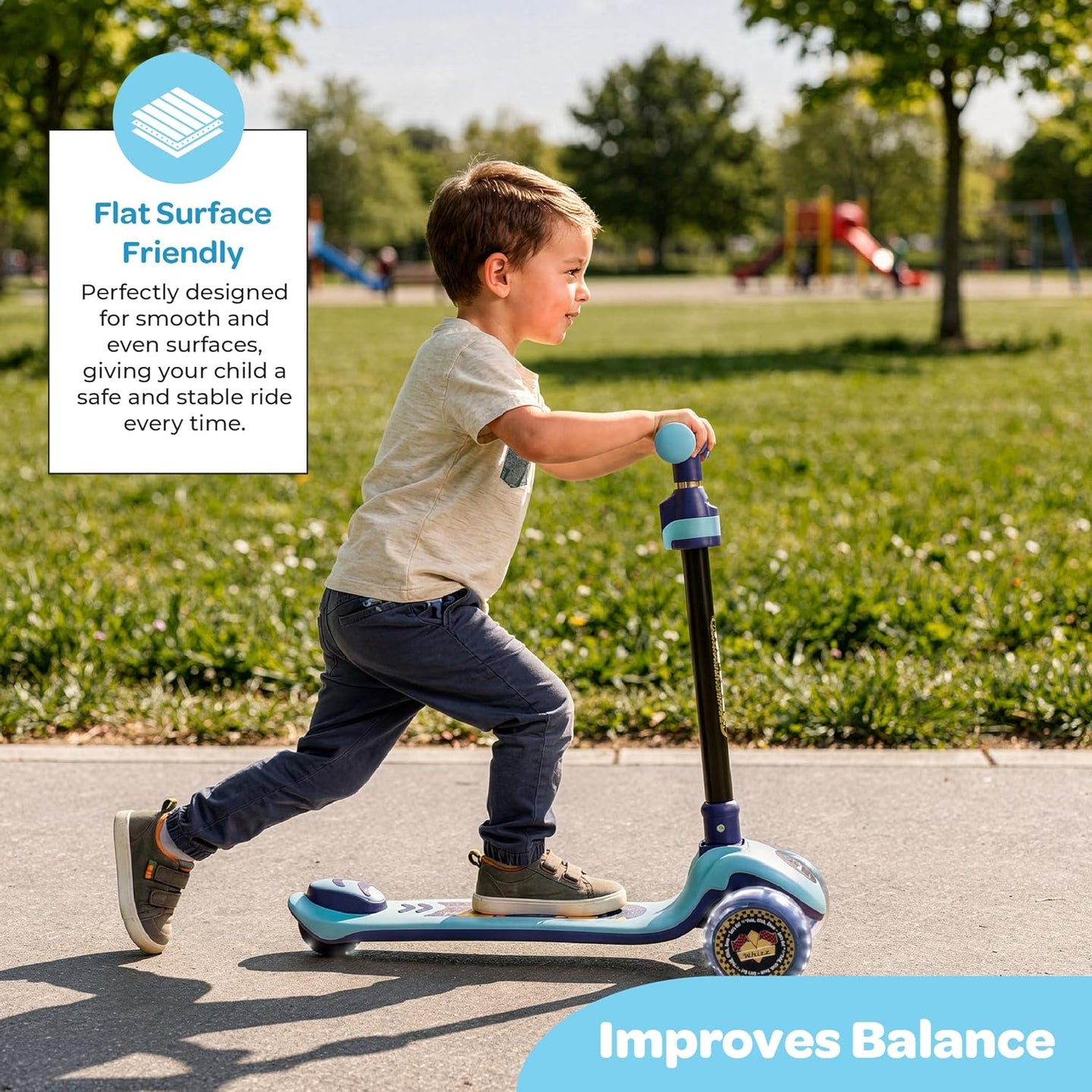 The MOON Brand Whizz Foldable 3-Wheel Kids Scooter– Adjustable Handlebar Lean-to-Steer LED Light-Up Wheels Toddler Scooter for Boys & Girls for Ages 3 Years+ -Dinosaur Design -Blue