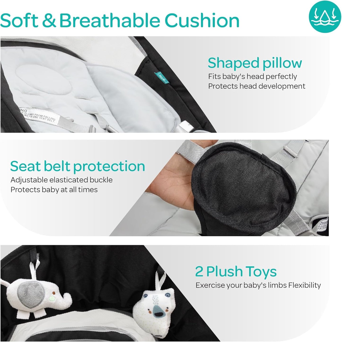 The Moon Brand Koze Baby Swing. 0m+, Holds upto 9kg. Gentle Swaying Motion. In Built Music System. Flexible Speed and Timer Settings. With Remote Control and Mosquito Net. Motion Sensor-Beige