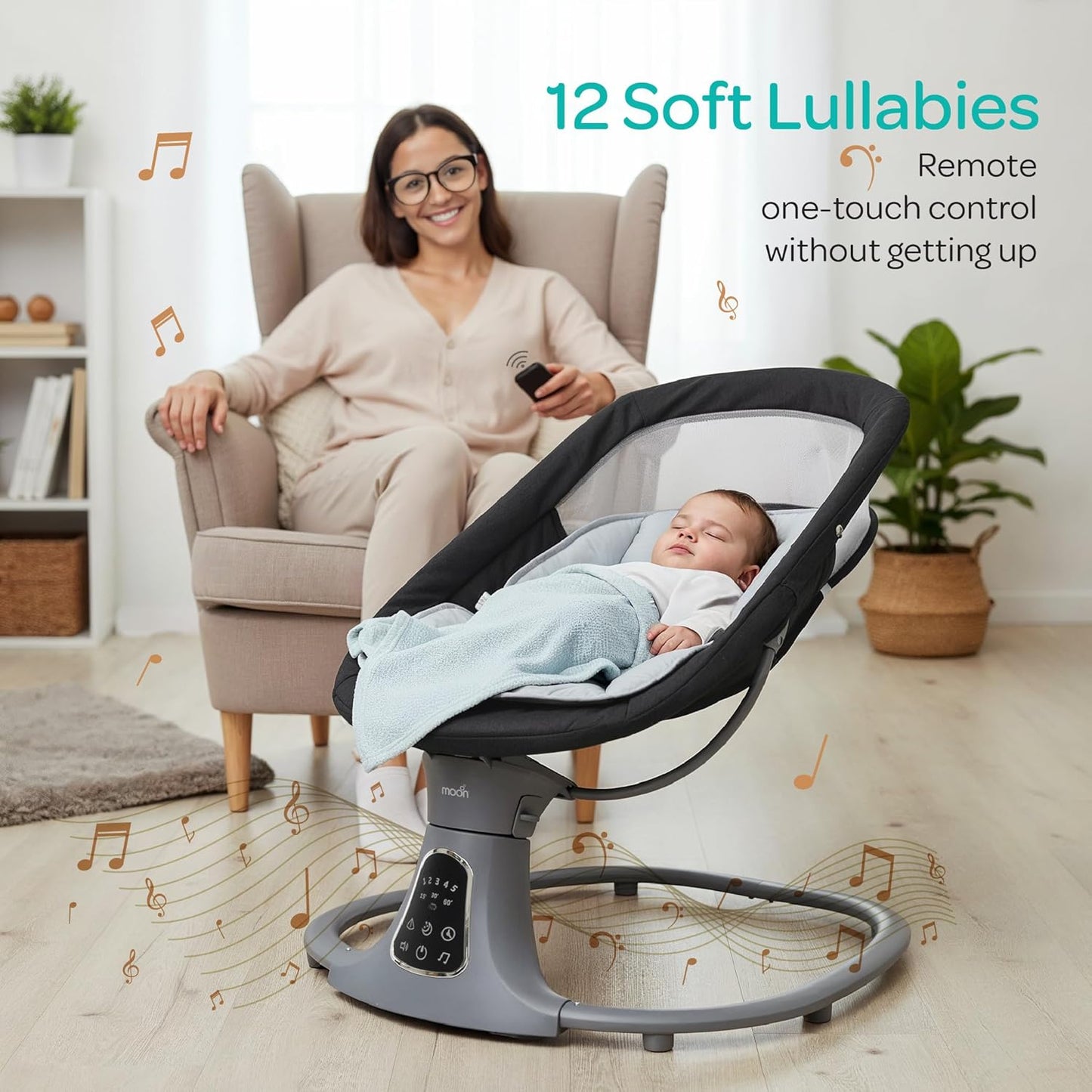 The Moon Brand Koze Baby Swing. 0m+, Holds upto 9kg. Gentle Swaying Motion. In Built Music System. Flexible Speed and Timer Settings. With Remote Control and Mosquito Net. Motion Sensor-Beige