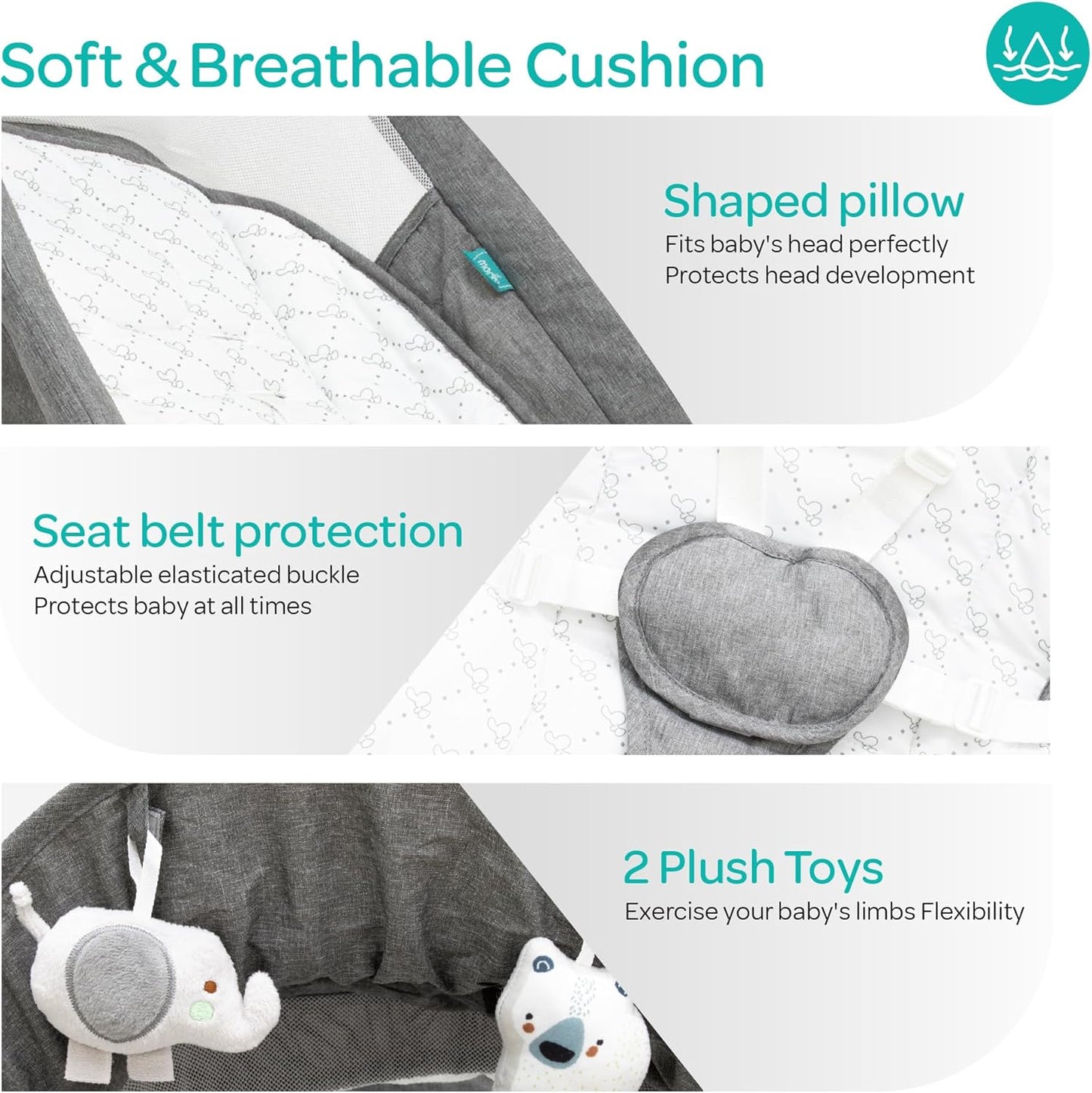 The Moon Brand Koze Baby Swing. 0m+, Holds upto 9kg. Gentle Swaying Motion. In Built Music System. Flexible Speed and Timer Settings. With Remote Control and Mosquito Net. Motion Sensor-Beige