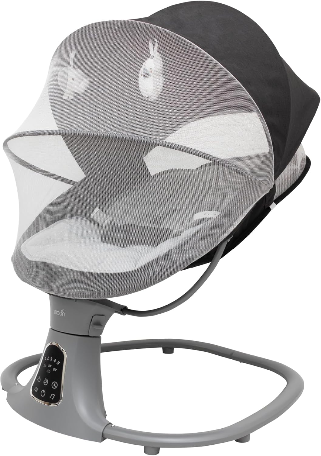 The Moon Brand Koze Baby Swing. 0m+, Holds upto 9kg. Gentle Swaying Motion. In Built Music System. Flexible Speed and Timer Settings. With Remote Control and Mosquito Net. Motion Sensor-Beige