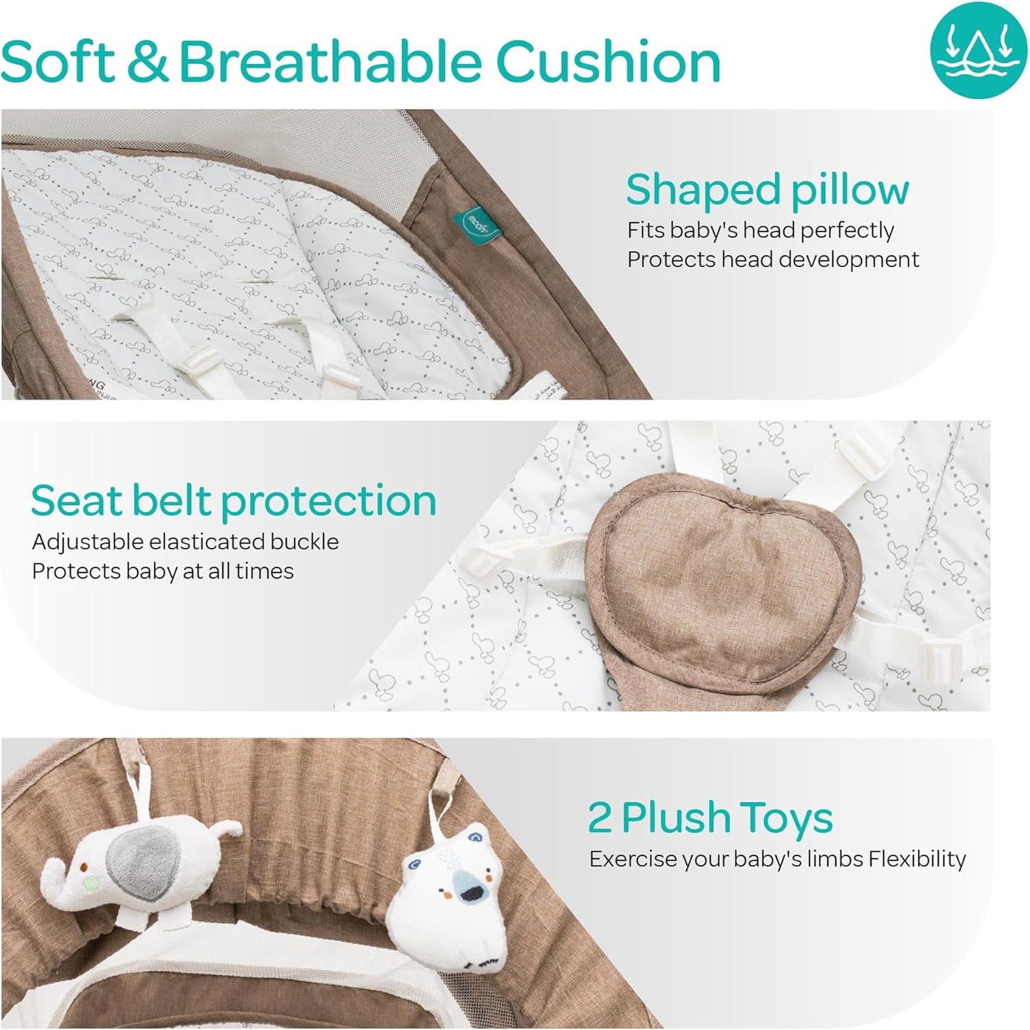 The Moon Brand Koze Baby Swing. 0m+, Holds upto 9kg. Gentle Swaying Motion. In Built Music System. Flexible Speed and Timer Settings. With Remote Control and Mosquito Net. Motion Sensor-Beige