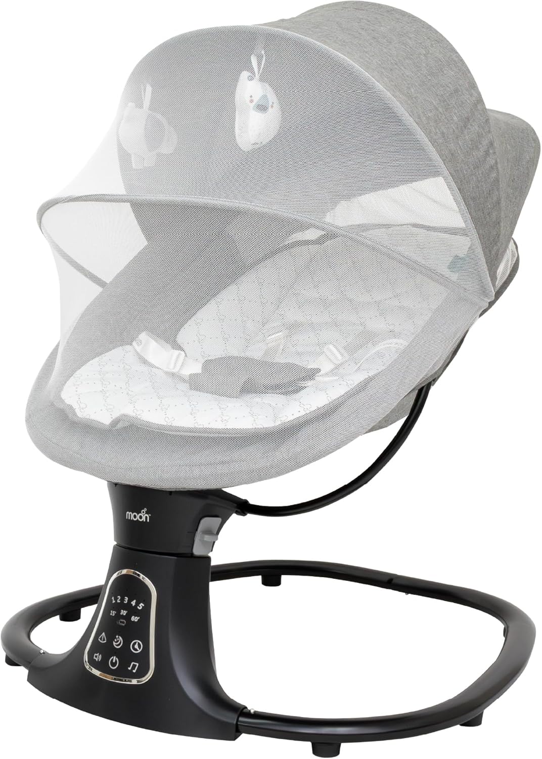 The Moon Brand Koze Baby Swing. 0m+, Holds upto 9kg. Gentle Swaying Motion. In Built Music System. Flexible Speed and Timer Settings. With Remote Control and Mosquito Net. Motion Sensor-Beige