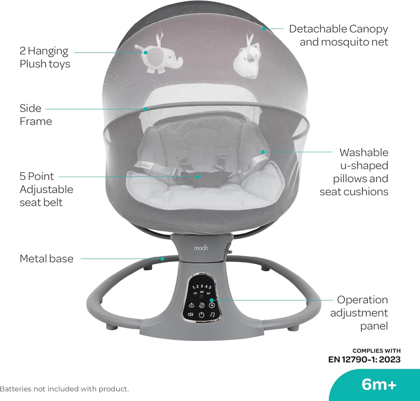 The Moon Brand Koze Baby Swing. 0m+, Holds upto 9kg. Gentle Swaying Motion. In Built Music System. Flexible Speed and Timer Settings. With Remote Control and Mosquito Net. Motion Sensor-Beige