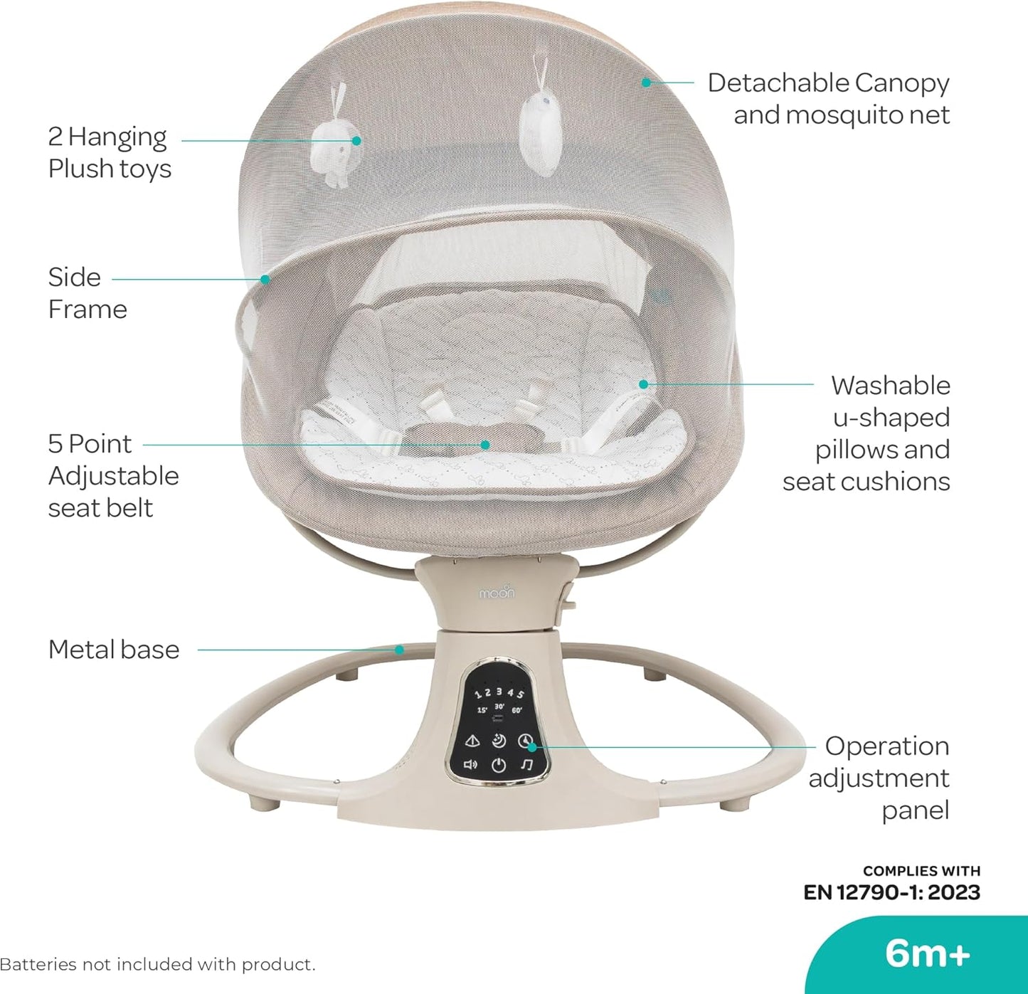 The Moon Brand Koze Baby Swing. 0m+, Holds upto 9kg. Gentle Swaying Motion. In Built Music System. Flexible Speed and Timer Settings. With Remote Control and Mosquito Net. Motion Sensor-Beige