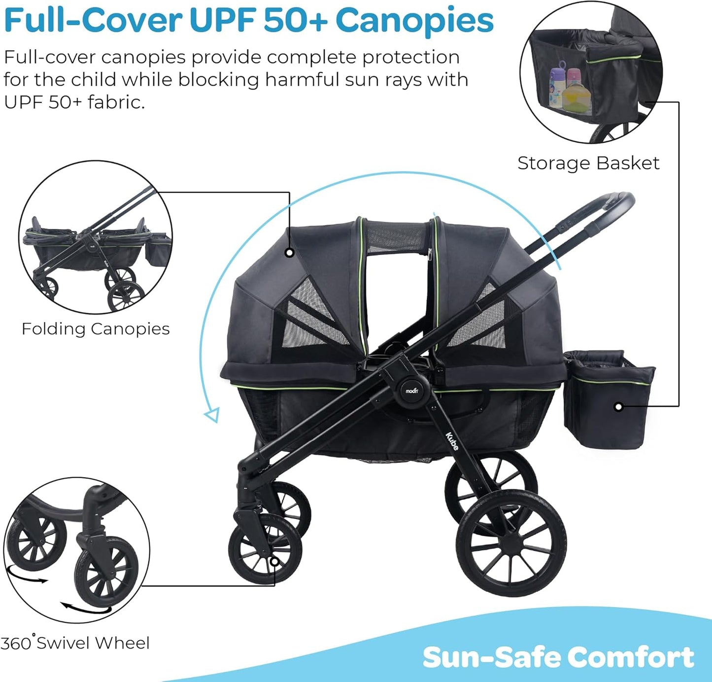 The Moon Brand Kube Wagon Stroller for Kids & Toddlers, Push & Pull Convertible Wagon All-Terrain Wheels, UPF 50+ Canopy, BPA-Free Snack Tray, Compact Fold, Storage, 6M–4Y, 24kgs/Seat-Black