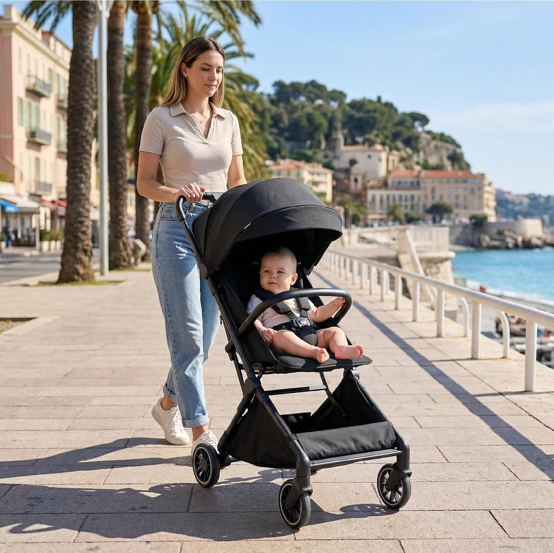 The MOON Brand Tripzi Carbon Fiber Cabin Stroller – Ultra-Lightweight, Travel-Ready Stroller with Easy Fold, Five-Point Safety Harness, Leather Handle for Babies 0–36 Months-Black