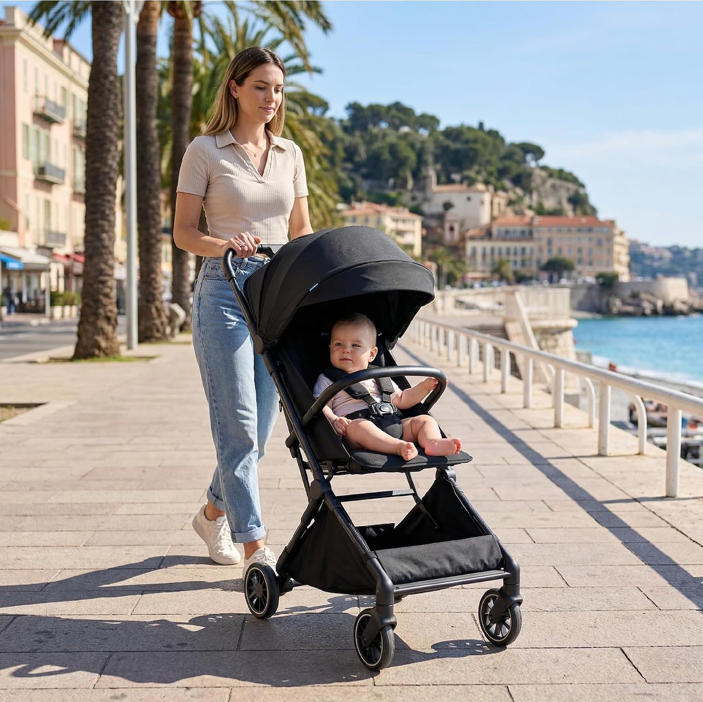 The MOON Brand Tripzi Carbon Fiber Cabin Stroller – Ultra-Lightweight, Travel-Ready Stroller with Easy Fold, Five-Point Safety Harness, Leather Handle for Babies 0–36 Months-Black