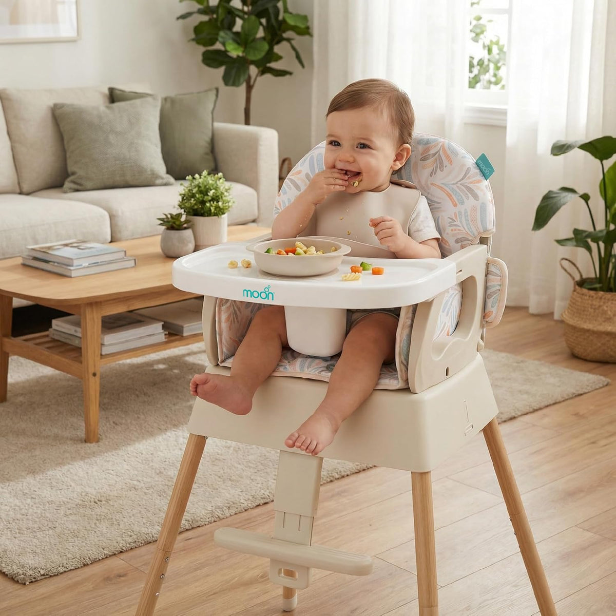 The Moon Brand 5-in-1 Convertible -Highchair-Booster-Dining Chai-: Stylish, Space-Saving, and Safe Dining Solution for Babies and Kids-6m to 3yrs upto 15kgs - Beige - The Moon Brand™