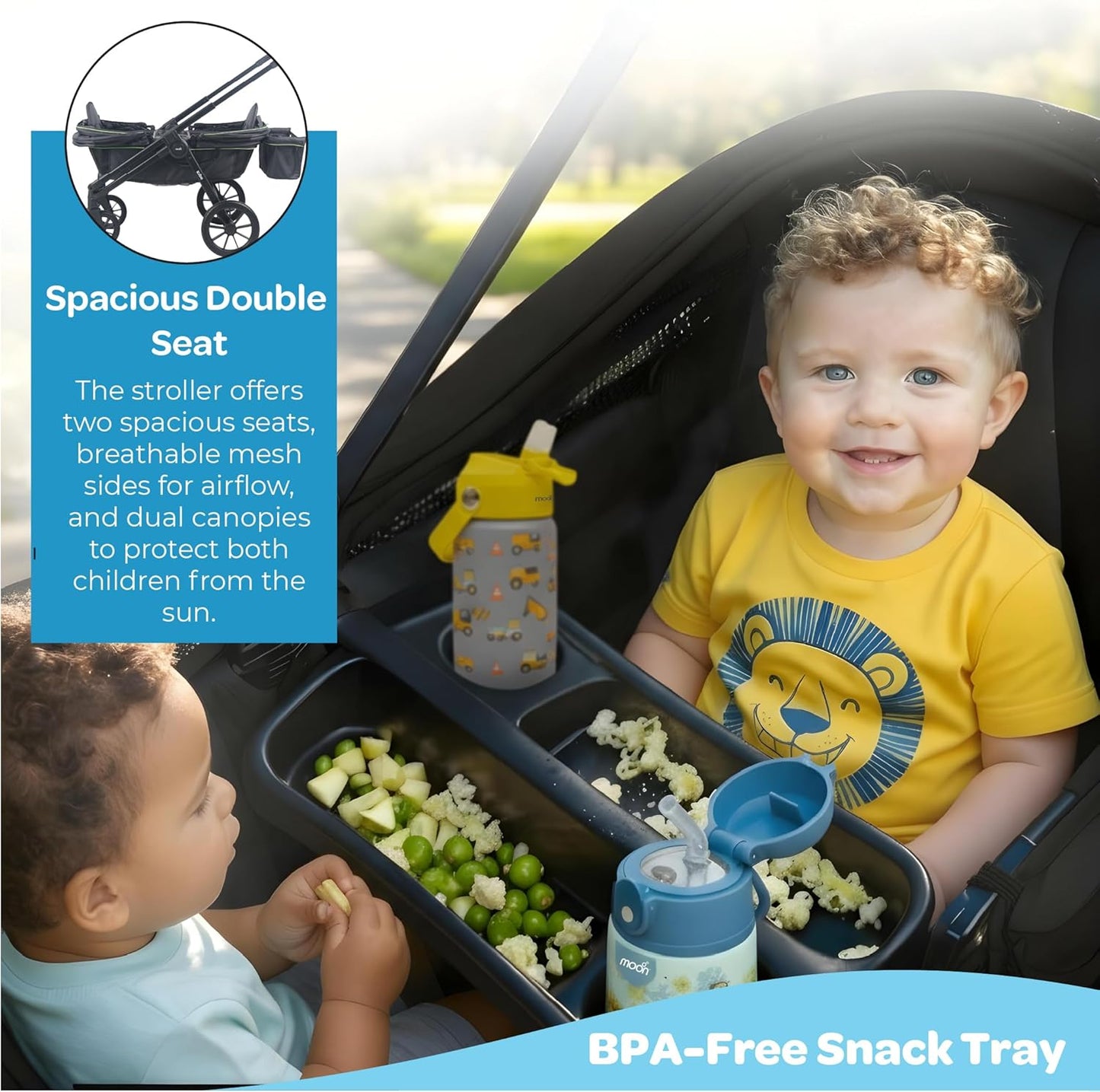 The Moon Brand Kube Wagon Stroller for Kids & Toddlers, Push & Pull Convertible Wagon All-Terrain Wheels, UPF 50+ Canopy, BPA-Free Snack Tray, Compact Fold, Storage, 6M–4Y, 24kgs/Seat-Black