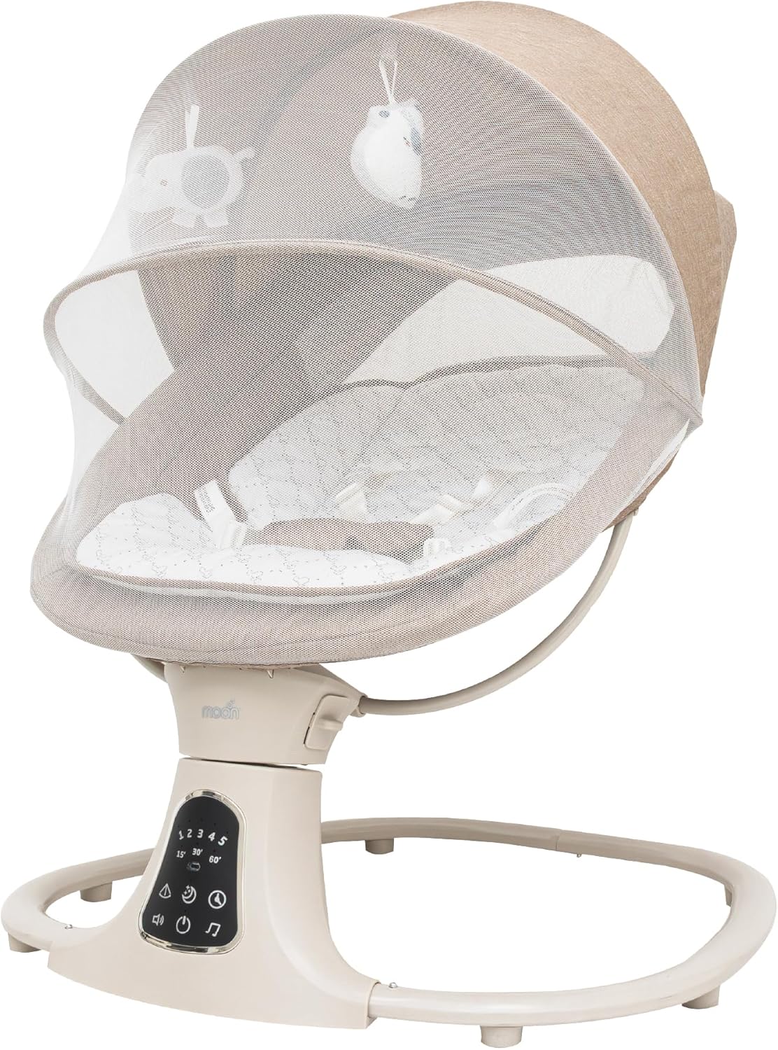 The Moon Brand Koze Baby Swing. 0m+, Holds upto 9kg. Gentle Swaying Motion. In Built Music System. Flexible Speed and Timer Settings. With Remote Control and Mosquito Net. Motion Sensor-Beige