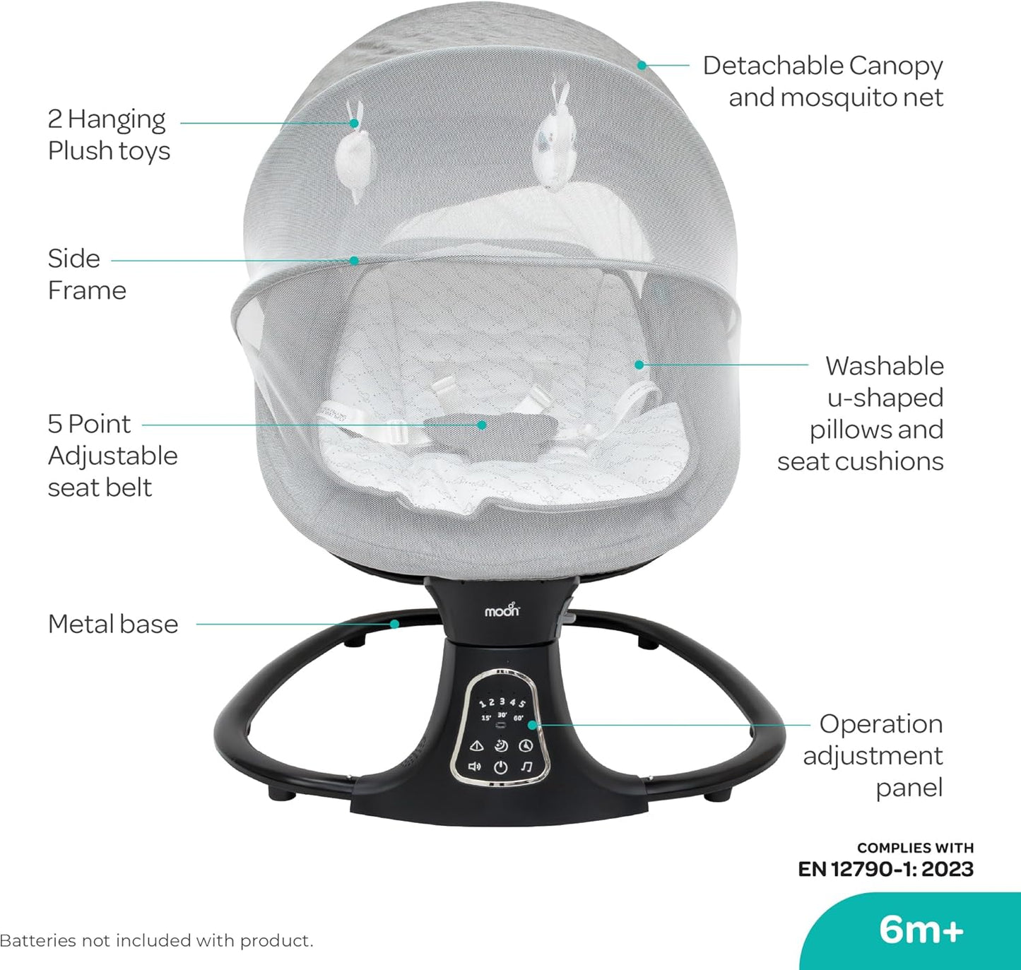 The Moon Brand Koze Baby Swing. 0m+, Holds upto 9kg. Gentle Swaying Motion. In Built Music System. Flexible Speed and Timer Settings. With Remote Control and Mosquito Net. Motion Sensor-Beige