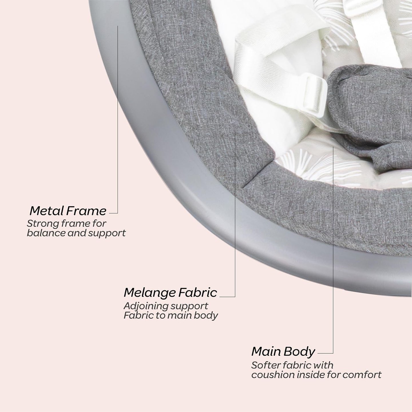 The Moon Brand Baby Swing. 0 - 6m ,Holds upto 9kg. Gentle Swaying Motion. In Built Music System. Flexible Speed and Timer Settings. With Remote Control. Motion Sensor. 5 Point Harness - Grey