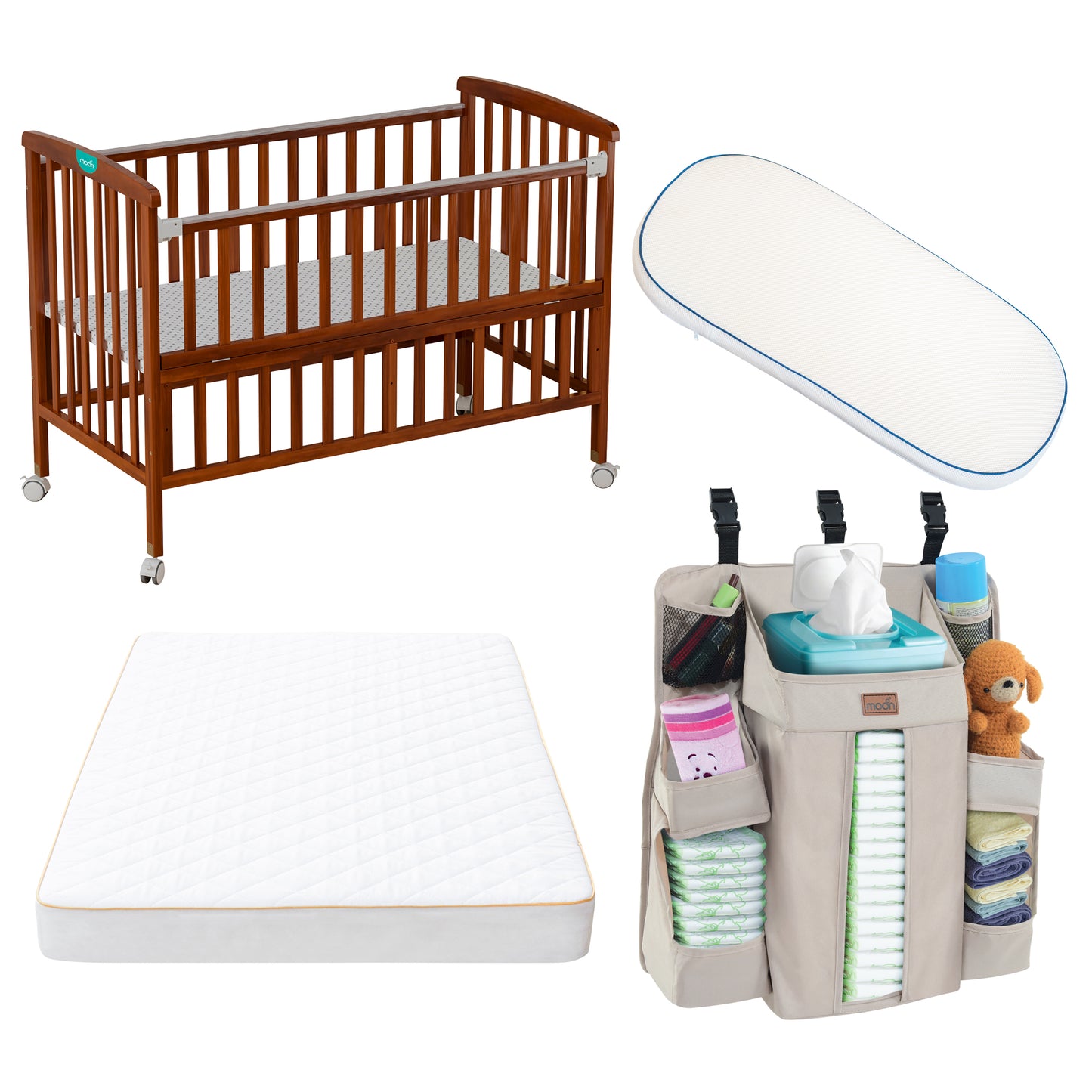 MOON Wooden Portable Crib Brown / Baby Crib Organizer  / Crib & Pram Mattress (Classic Foam Moses Basket Mattress)