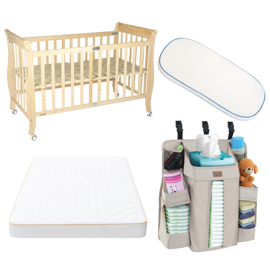 MOON Wooden Foldable Baby Crib- Natural Wood / MOON Baby Crib Organizer (Beige) / MOON Crib & Pram Mattress (Classic Foam Moses Basket Mattress, White)