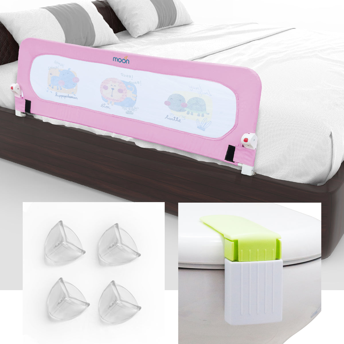 MOON Sequr Bed Rail - Pink / Corner Cushion Dual Wall / Toilet Latch - The Moon Brand™
