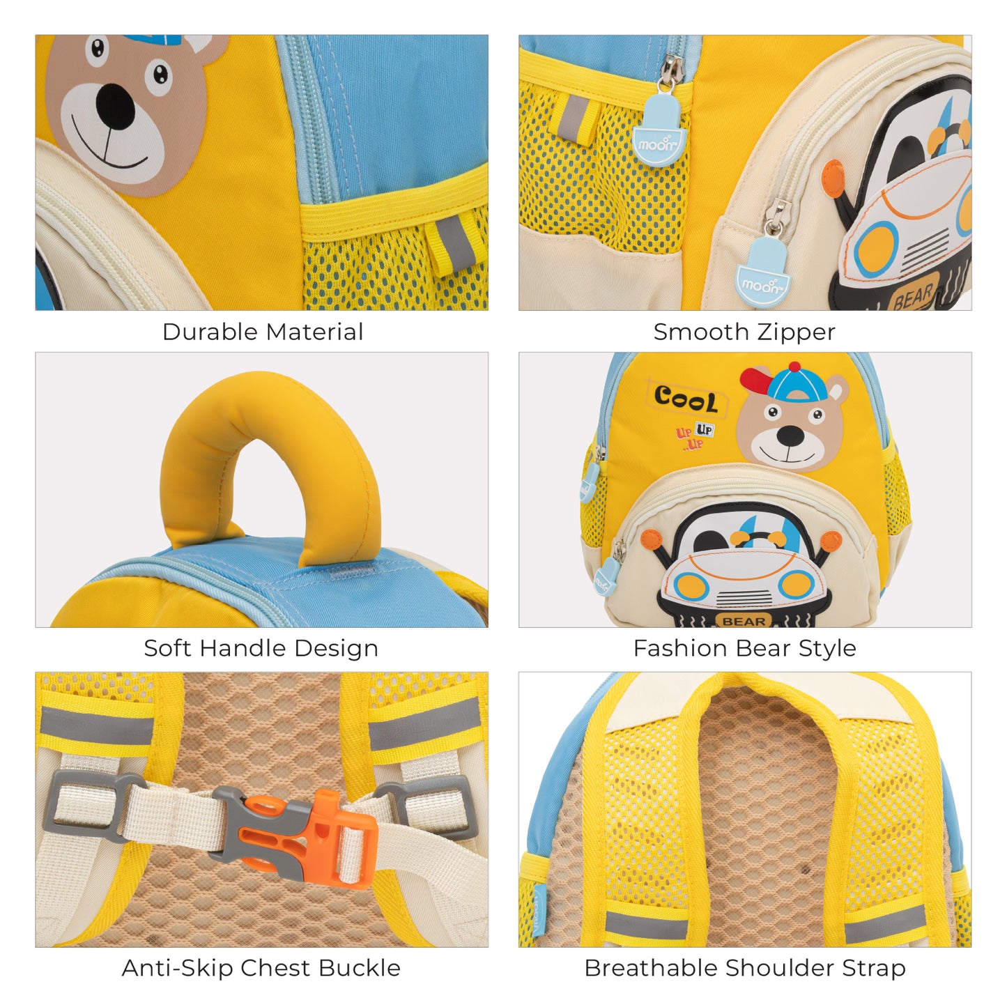 MOON Kids Backpack  – Comfy 3D Design,Padded Straps, Waterproof-Perfect for Preschool, Nursery, Snacks & Lunchbox-Bear/Yellow