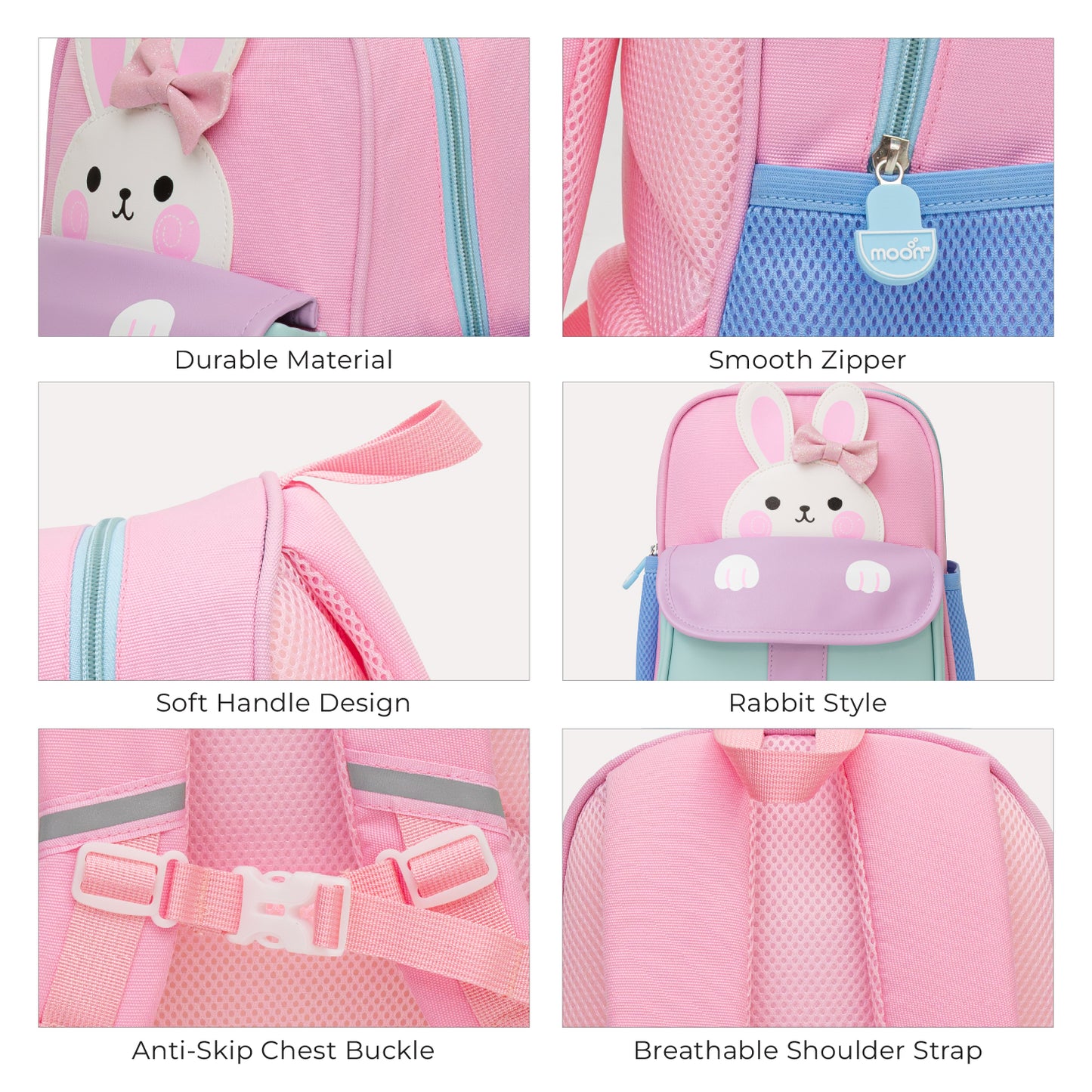 MOON Kids Backpack  – Comfy 3D Design,Padded Straps, Waterproof-Perfect for Preschool, Nursery, Snacks & Lunchbox-Bunny