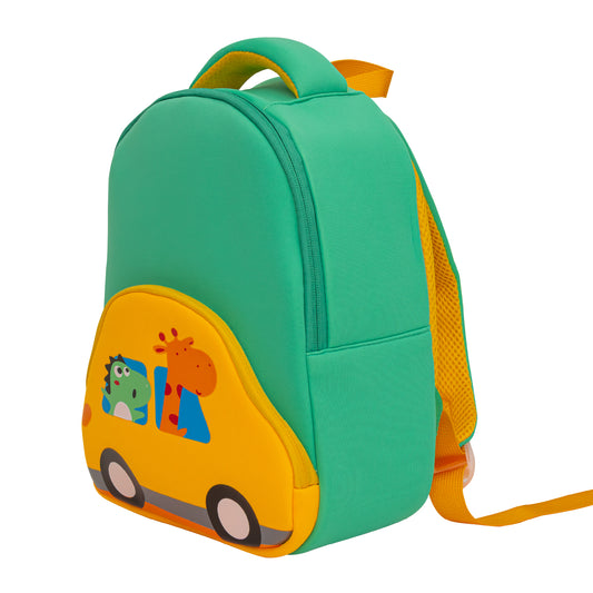 MOON Kids Backpack  – Comfy 3D Design,Padded Straps, Waterproof-Perfect for Preschool, Nursery, Snacks & Lunchbox-Car/Green