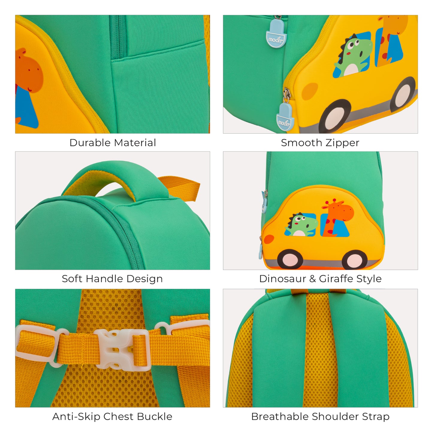 MOON Kids Backpack  – Comfy 3D Design,Padded Straps, Waterproof-Perfect for Preschool, Nursery, Snacks & Lunchbox-Car/Green