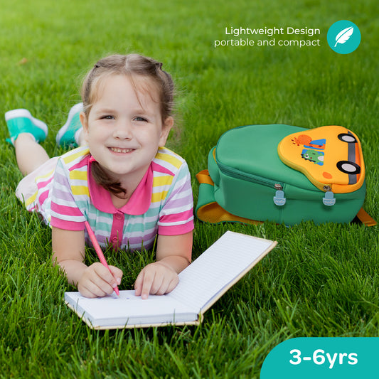 MOON Kids Backpack  – Comfy 3D Design,Padded Straps, Waterproof-Perfect for Preschool, Nursery, Snacks & Lunchbox-Car/Green