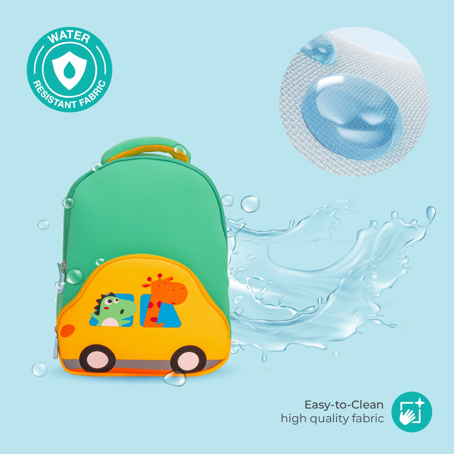 MOON Kids Backpack  – Comfy 3D Design,Padded Straps, Waterproof-Perfect for Preschool, Nursery, Snacks & Lunchbox-Car/Green