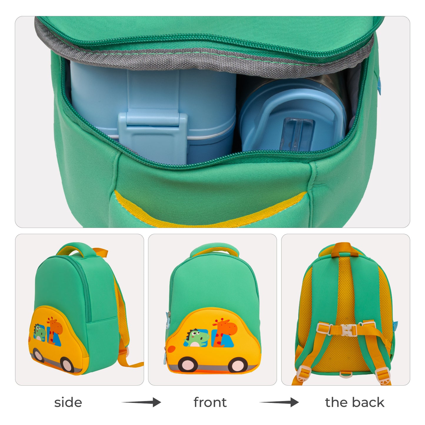 MOON Kids Backpack  – Comfy 3D Design,Padded Straps, Waterproof-Perfect for Preschool, Nursery, Snacks & Lunchbox-Car/Green