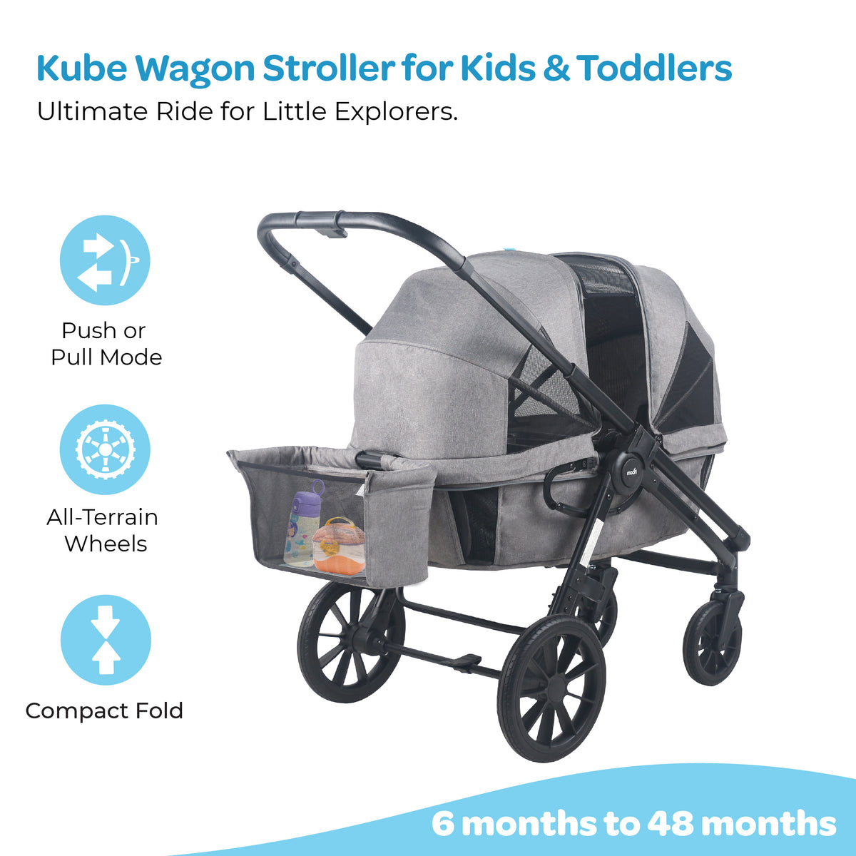 The Moon Brand Kube Wagon Stroller for Kids & Toddlers, Push & Pull Convertible Wagon All-Terrain Wheels, UPF 50+ Canopy, BPA-Free Snack Tray, Compact Fold, Storage, 6M–4Y, 24kgs/Seat-Black - The Moon Brand™