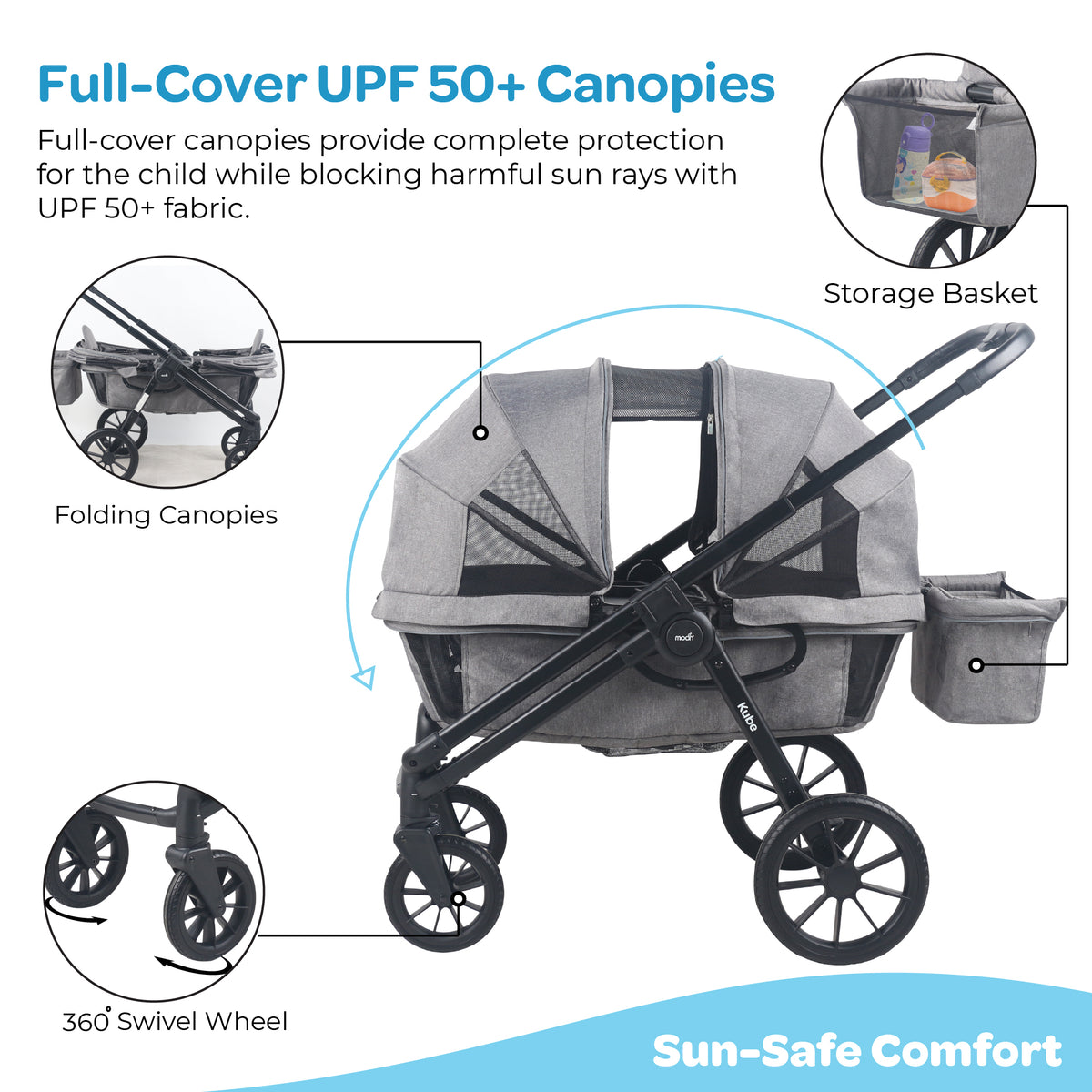 The Moon Brand Kube Wagon Stroller for Kids & Toddlers, Push & Pull Convertible Wagon All-Terrain Wheels, UPF 50+ Canopy, BPA-Free Snack Tray, Compact Fold, Storage, 6M–4Y, 24kgs/Seat-Black - The Moon Brand™