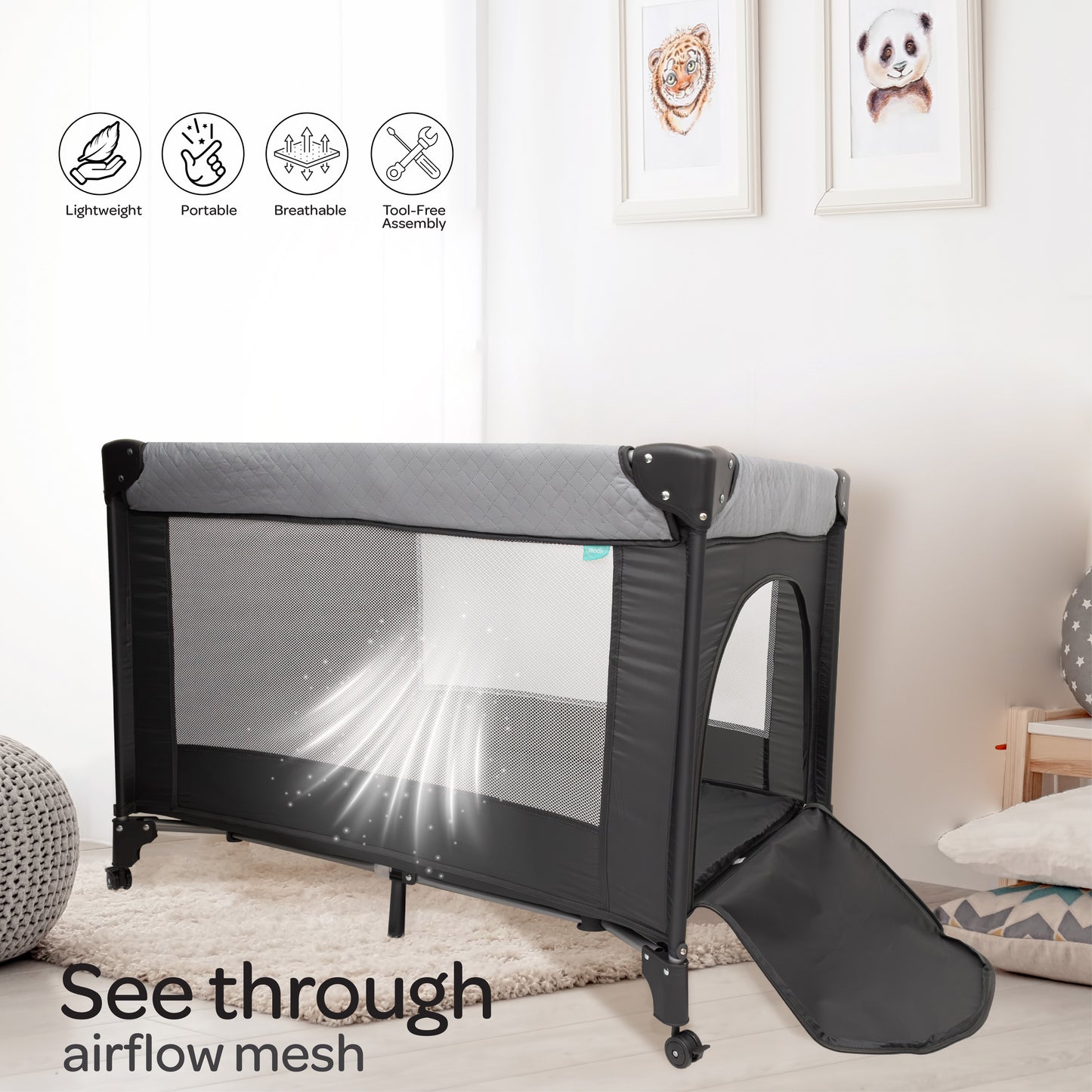 MOON Kidora Easy-Fold Playpen with Wheels, Storage & Edge Protection