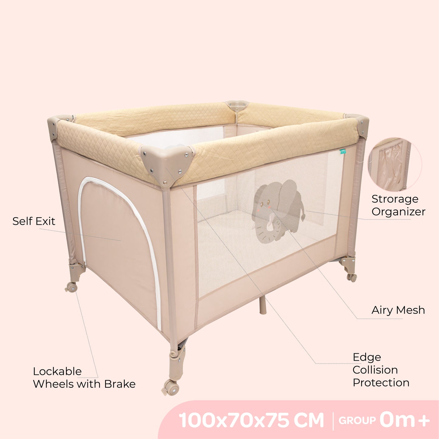 MOON Kidora Easy-Fold Playpen with Wheels, Storage & Edge Protection