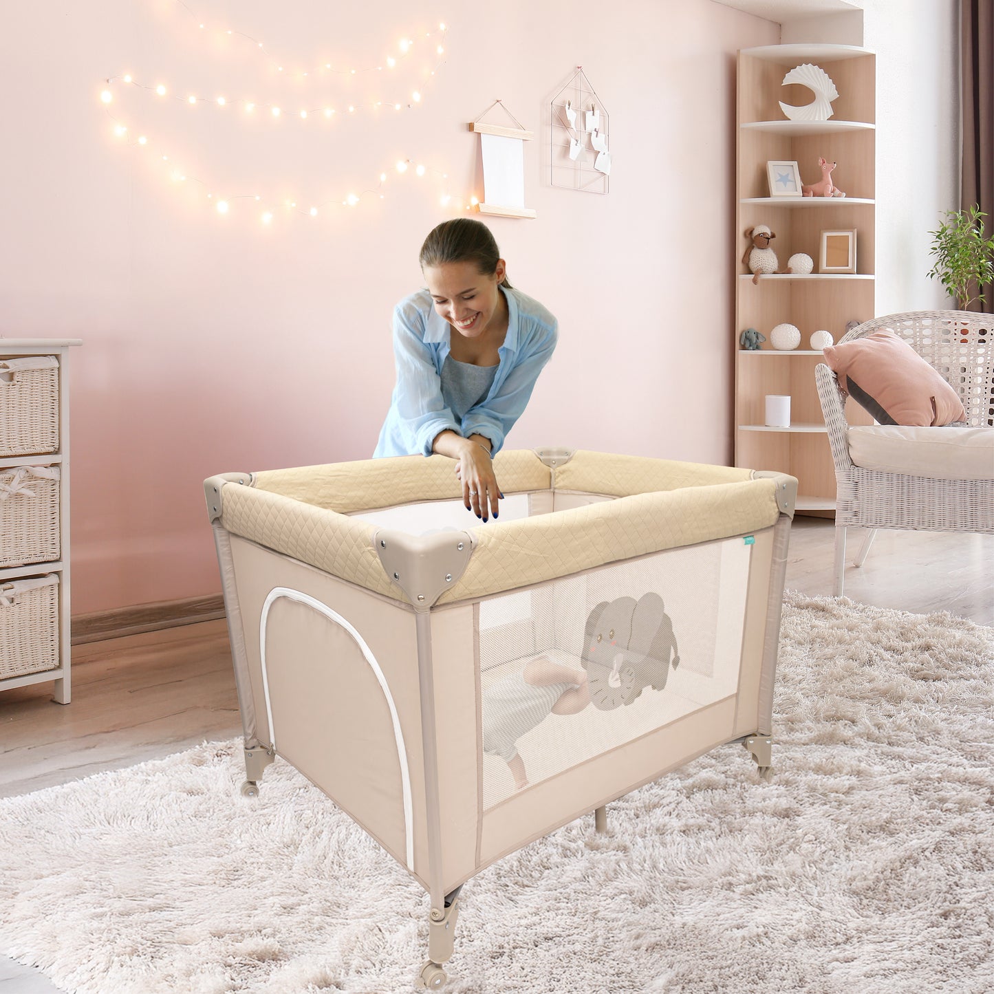 MOON Kidora Easy-Fold Playpen with Wheels, Storage & Edge Protection