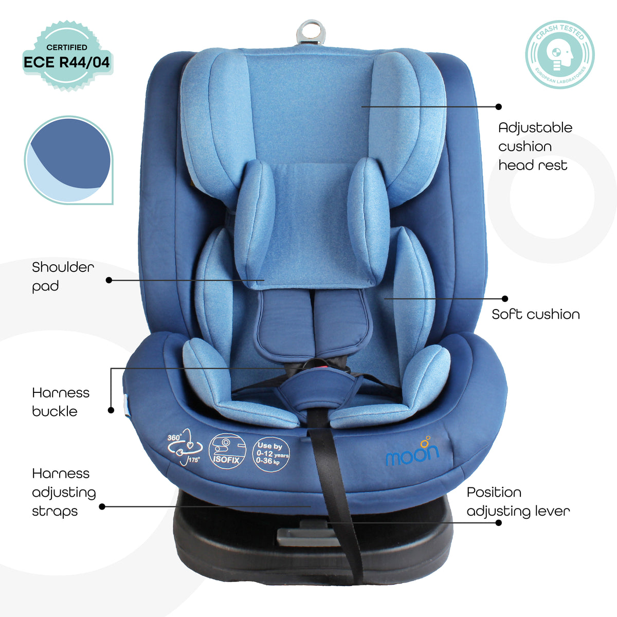 MOON Rover Baby Infant Car Seat (0-12 Years, Group 0/,1,2,3, 360° Rotate, Blue) / Deluxe Back Seat Baby Side Mirror / Baby Back Seat Organizer (Black Prismatic) - The Moon Brand™