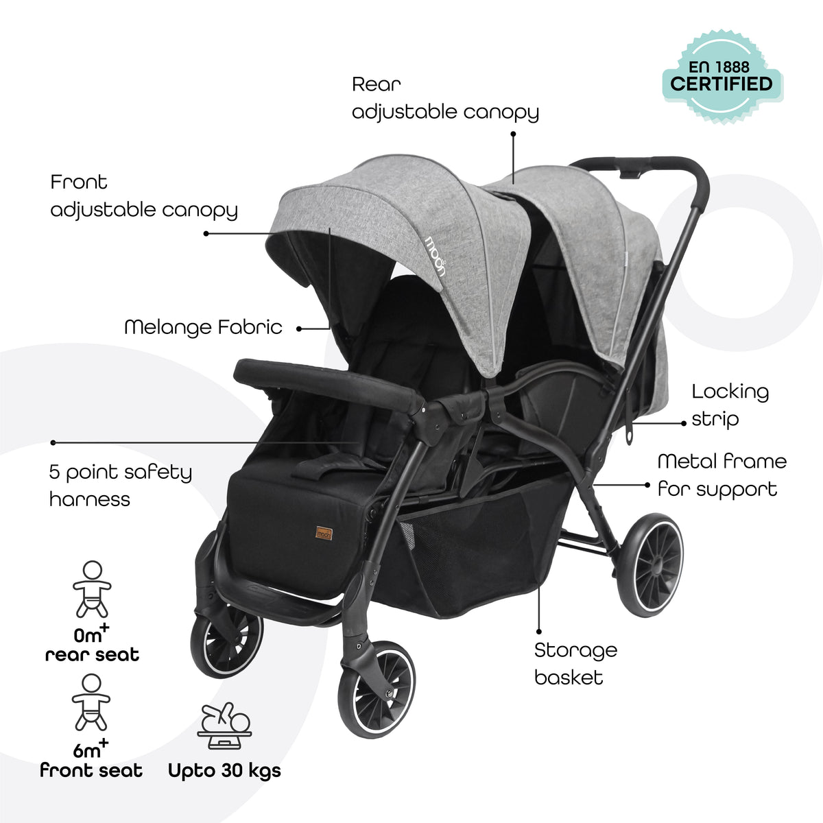 MOON Dois - Twin -Baby Stroller Pram- Grey - The Moon Brand™
