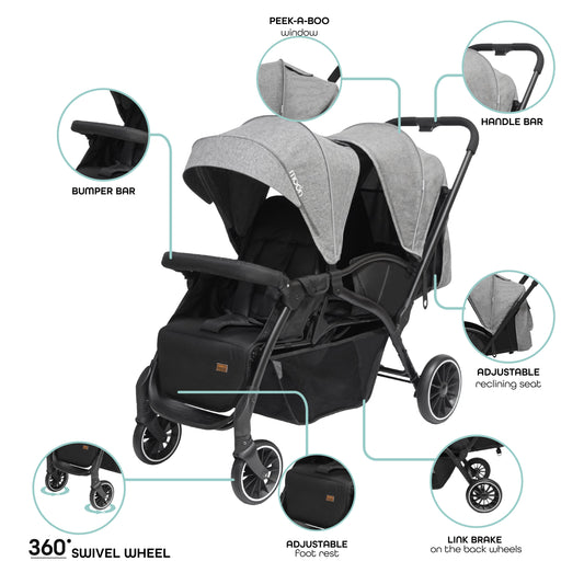 MOON Dois - Twin -Baby Stroller Pram- Grey