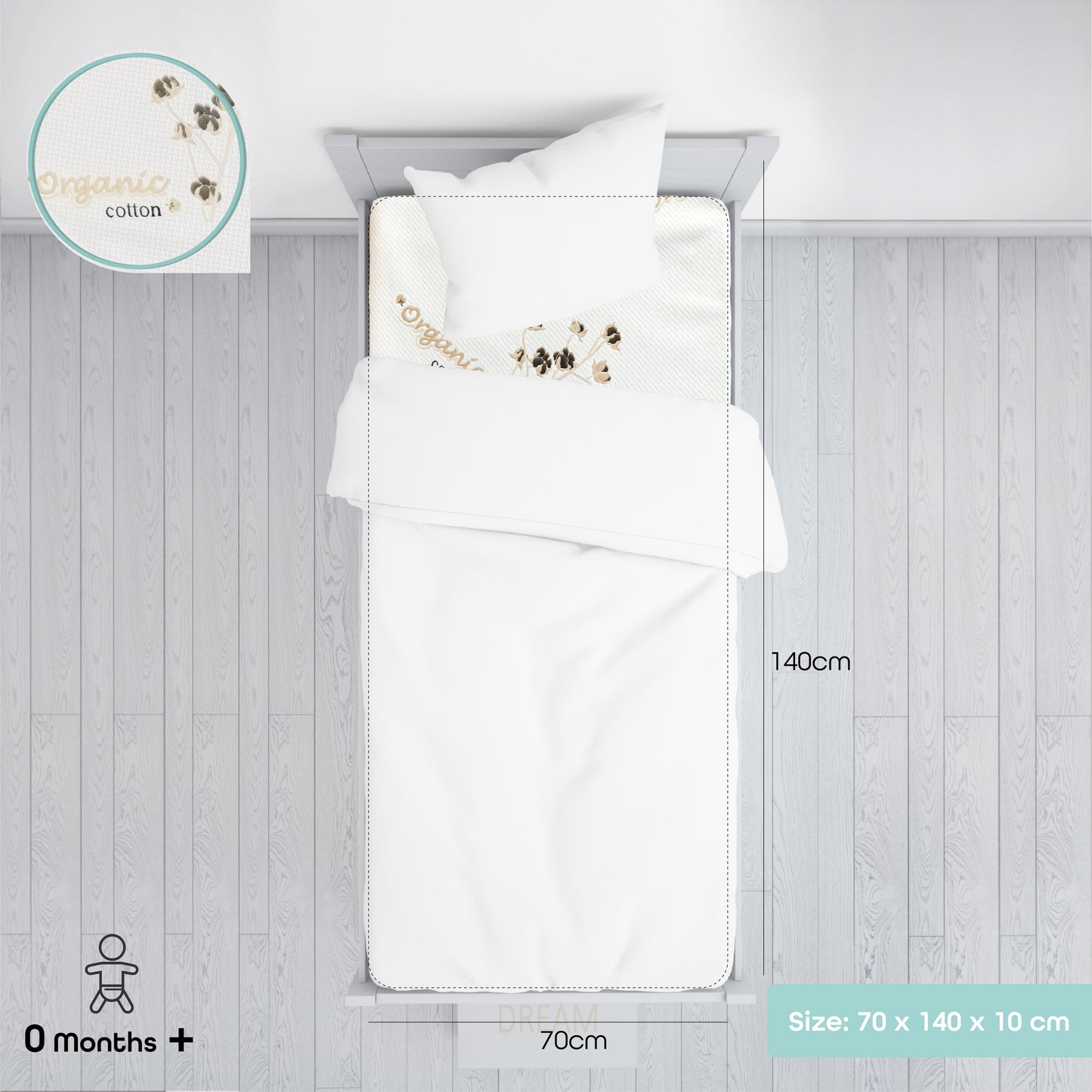 MOON  organic Toddler Crib & bed mattress - Size 140x70x10 cm