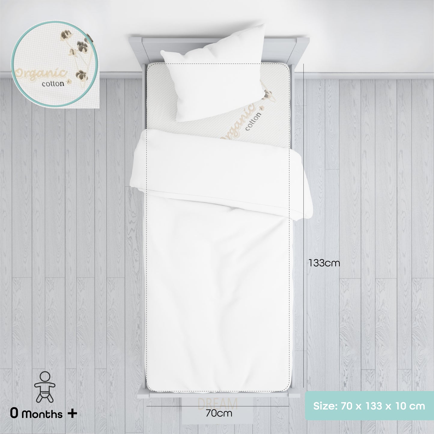 MOON  organic Toddler Crib & bed mattress - Size 140x70x10 cm