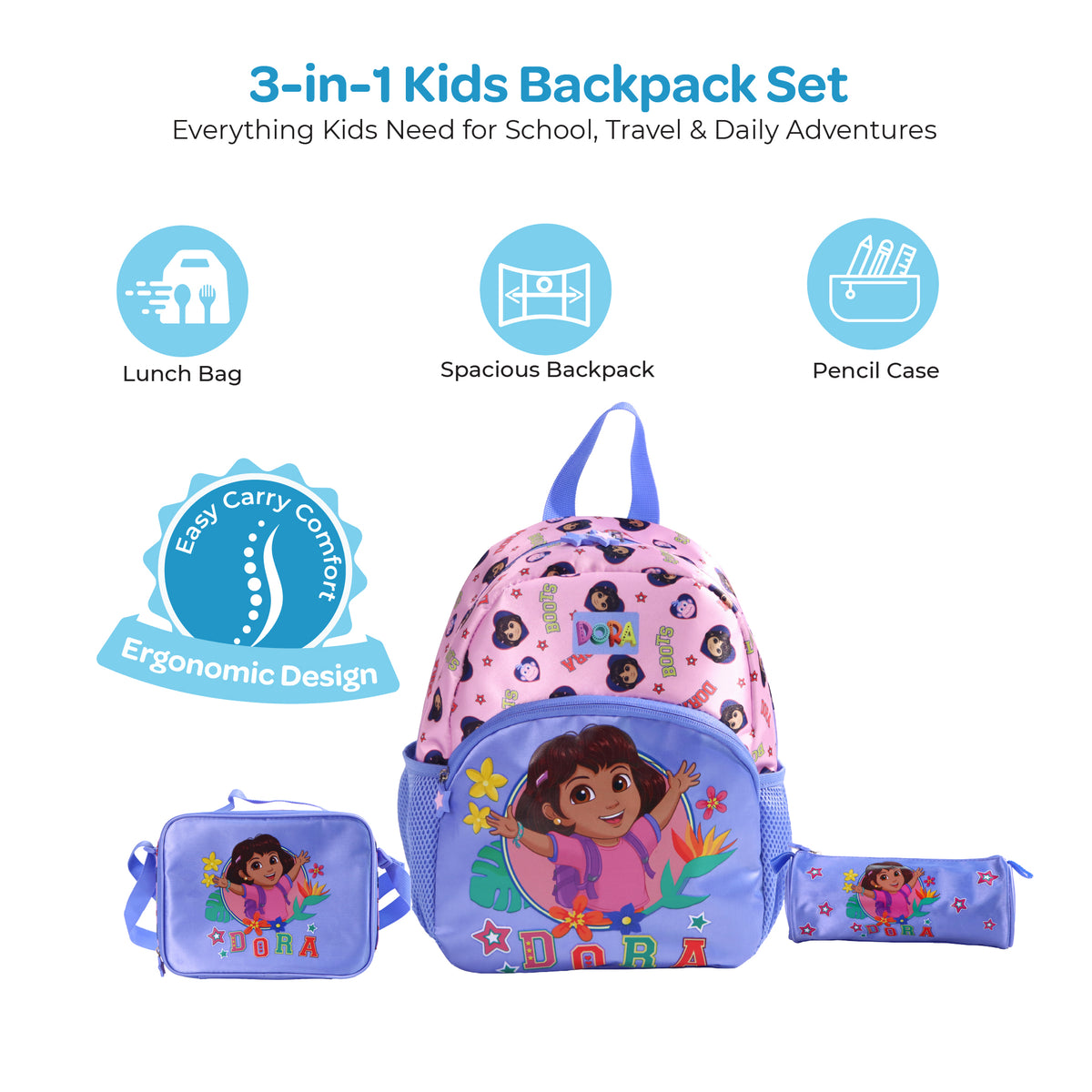 MOON Licensed Dora the Explorer 3-in-1 Kids Backpack Set